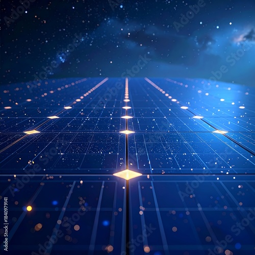 Solar Panels Under a Starry Night Sky Generating Clean Energy.