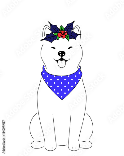 Cute White Shiba Inu Dog with Christmas Holly Crown and Blue Bandana Illustration
