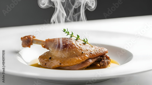 Duck Confit with Herbs on a White Plate.