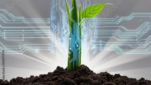 Futuristic green plant emerging from soil with digital circuits, symbolizing technology and nature fusion