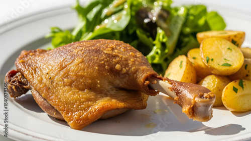 Perfectly cooked duck confit leg with crispy golden skin.