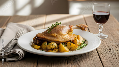Delicious Duck Confit with Roasted Potatoes and Asparagus.