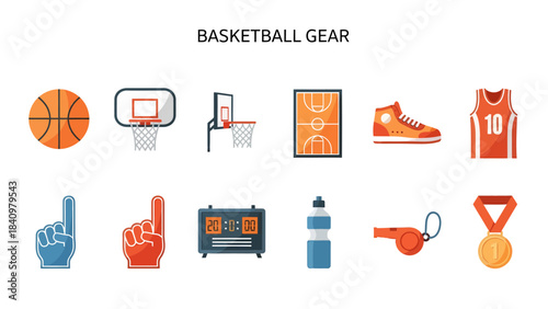 A collection of ten flatdesign icons representing basketball equipment and awards
