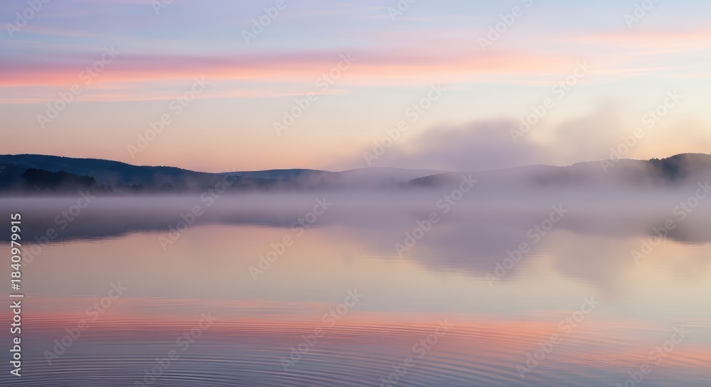 Fototapeta premium Misty lake at dawn with pink sky and reflections of trees in the water