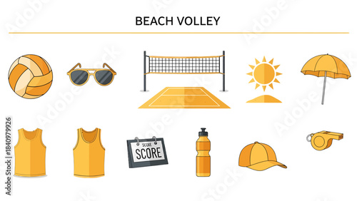 Collection of yellow and orange beach volleyball equipment and accessories on a white background