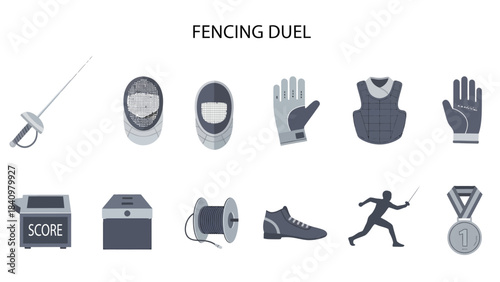 Fencing duel equipment and elements illustrated in two horizontal rows