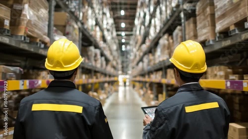  workers check and inspect logistic warehouse