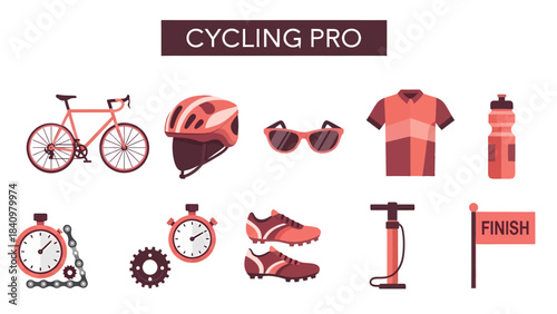 Flat design icons representing various cycling equipment and race elements