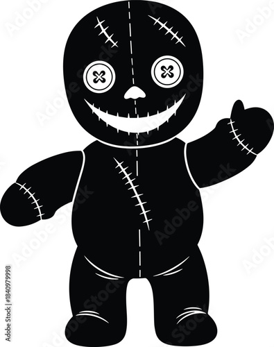 Black silhouette of spooky stitched voodoo rag doll toy character vector illustration