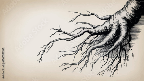 Detailed illustration of tree roots spreading out against a light background