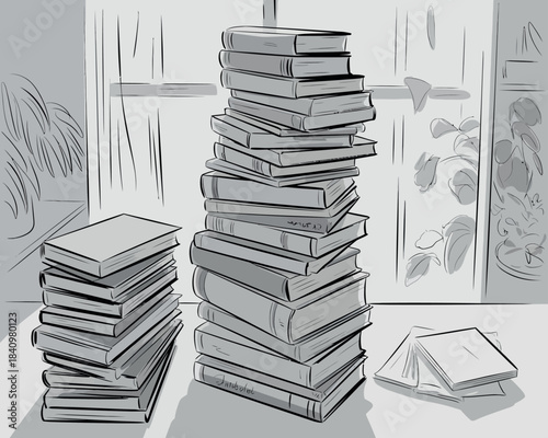 Black and white sketch of stacked books on a table near a window