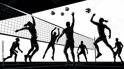 Silhouettes of volleyball players in action during a game on a court