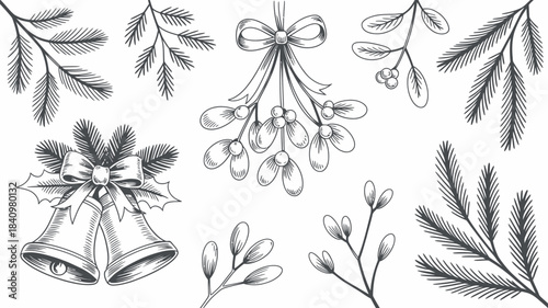 Hand drawn christmas elements featuring pine branches mistletoe and bells