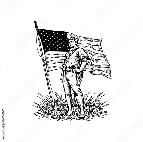 Silhouette of soldier carrying waving american flag with stars and stripes in black and white on transparent background