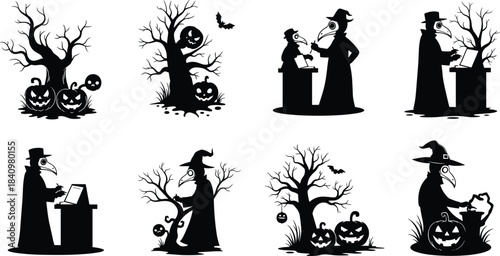 Set of plague doctor silhouettes working with pumpkins and scary bare trees vector illustration