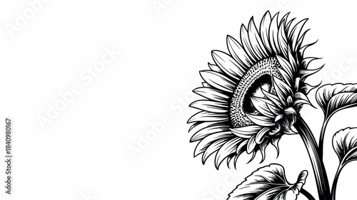 Detailed black and white sketch of a sunflower in profile