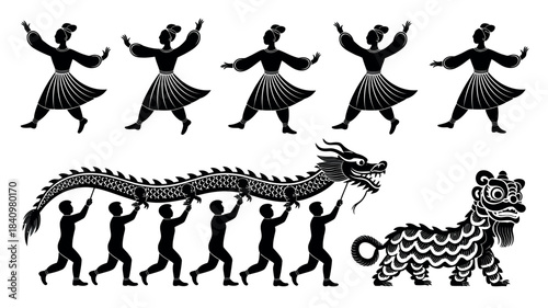 Traditional chinese dragon dance and lion dance performance silhouettes