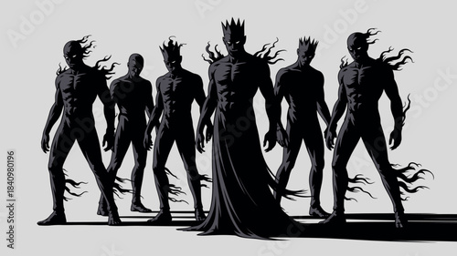 Dark figures with crowns and smoky outlines stand together