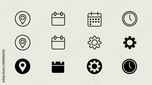 Collection of hand drawn icons for location calendar and clock on a light background