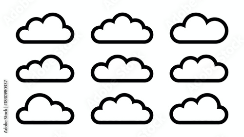 Collection of nine simple cloud icons with black outlines on white background