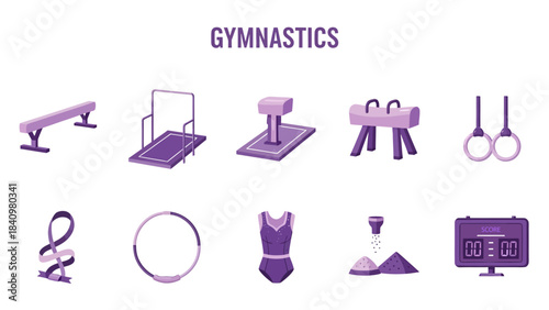 Purple icons depicting gymnastics apparatus clothing and scorekeeping equipment