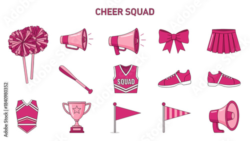 Pink cheerleading equipment and apparel icons arranged in three rows