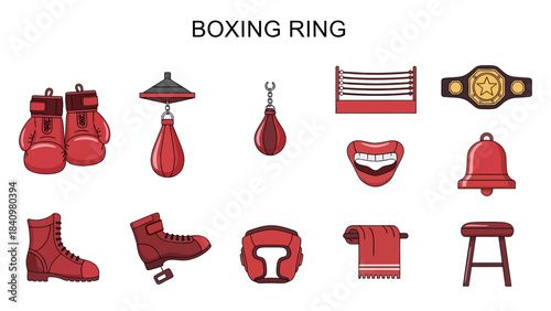Red boxing equipment and ring icons arranged in two rows