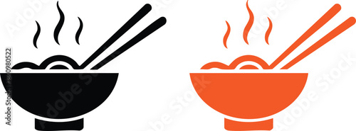 Steaming Noodle Bowl Icon, Asian Noodle Bowl Graphic, Hot Ramen, Udon Icon, Chopsticks and Steaming Bowl Symbol, silhouette, illustration, vector.