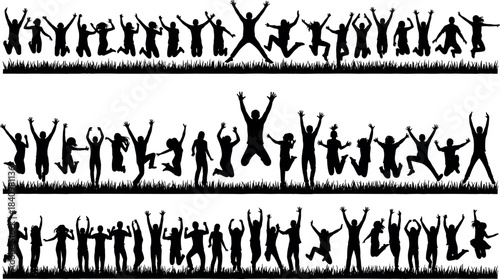 Group of people jumping in joy on grass field, celebrating freedom and unity – flavector