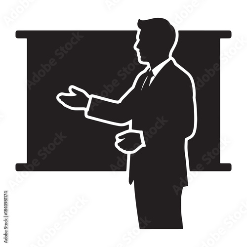 Black silhouette of a man in a suit presenting in front of a blank screen presentation