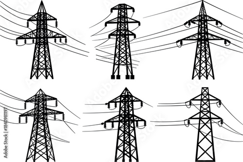 High-voltage transmission tower silhouettes with varied arm and insulator designs – flavector infrastructure vector art
