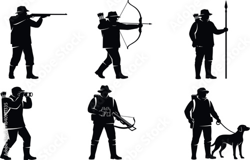 Hunter silhouettes with weapons, bow, rifle, spear, crossbow, dog, binoculars, outdoor gear, hunting poses - flavector