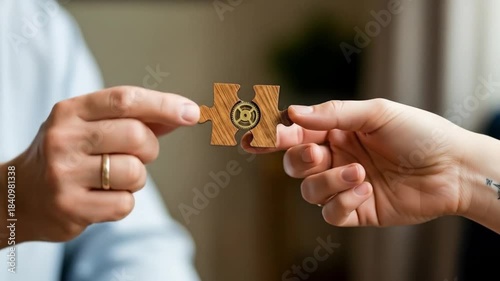 Performing a collaborative puzzle exchange showing a matching wooden piece with a central emblem