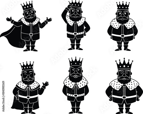 King character silhouettes, royal crown figures, monarchy illustration poses, regal costume design art, flat vector collection