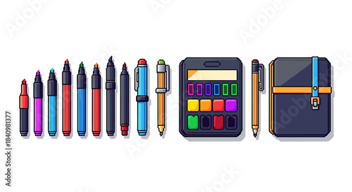 Collection of art supplies including markers, pens, and a stylus tool with a digital tablet interface