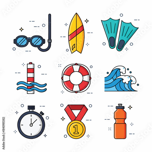 Bright flat icons of snorkel gear, surfboard, fins, buoy, lifebuoy, waves, timer, medal, bottleicons