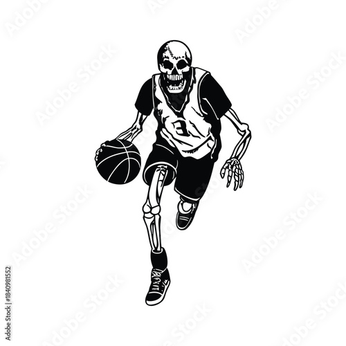 black and white skeleton basketball player dribbling clip art preview