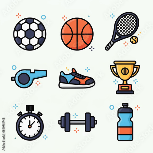 Colorful sports icons grid soccer basketball, tennis, whistle, shoe, trophy, timer dumbbell, bottle