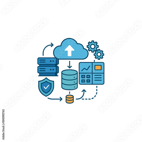 Cloud Data Infrastructure With Servers, Security, And Analytics Dashboard Illustration