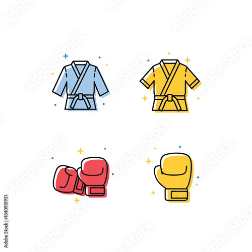 Four minimal colorful martial arts and boxing icons blue and yellow gis above red and yellow gloves set