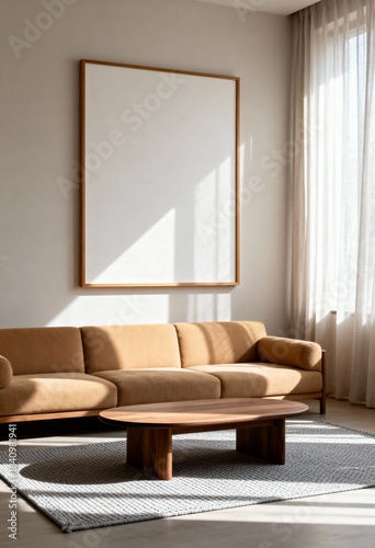 Japandi Minimalist Cozy Living Room with Blank Canvas Frame