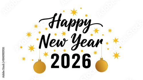 Celebrate the upcoming year with this vibrant Happy New Year 2026 transparent greeting, featuring festive gold stars and elegant ornaments, perfect for your holiday designs