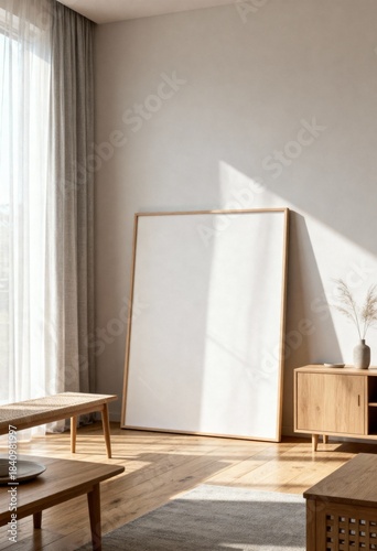 Japandi Minimalist Cozy Living Room with Blank Canvas Frame