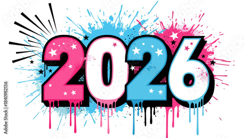 Embrace a happy new year 2026 with a vibrant, playful design featuring colorful paint splashes and festive stars on a transparent background