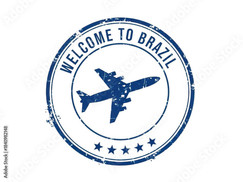 Welcome to brazil distressed travel stamp with airplane and five stars, isolated on transparent background