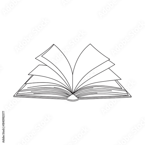 Open book with fanned pages black outline on white background reading