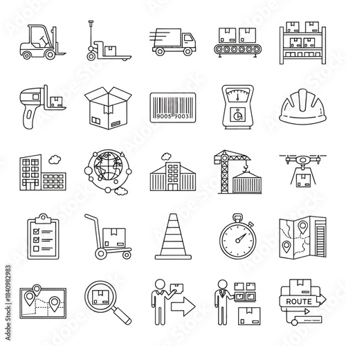 Grid of logistics icons depicting forklifts, boxes, conveyors, trucks, drones, warehouses, maps and