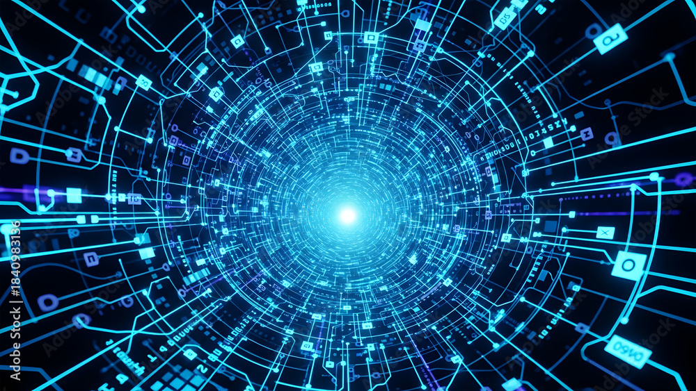 Fototapeta premium Abstract Blue Digital Tunnel with Circuit Board Patterns and Binary Code vortex cyberspace