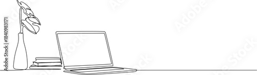 Continuous one-line drawing of a minimalist desk setup featuring a laptop, a stack of books, and a houseplant (Monstera or similar) in a vase.