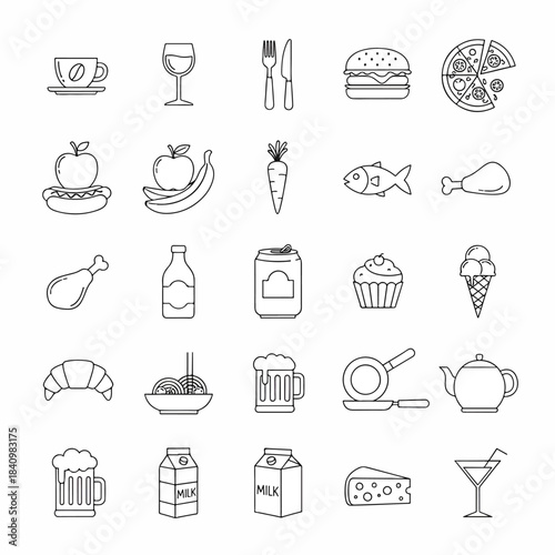 Grid of minimalist black outline food and drink icons arranged neatly in rows on a white background